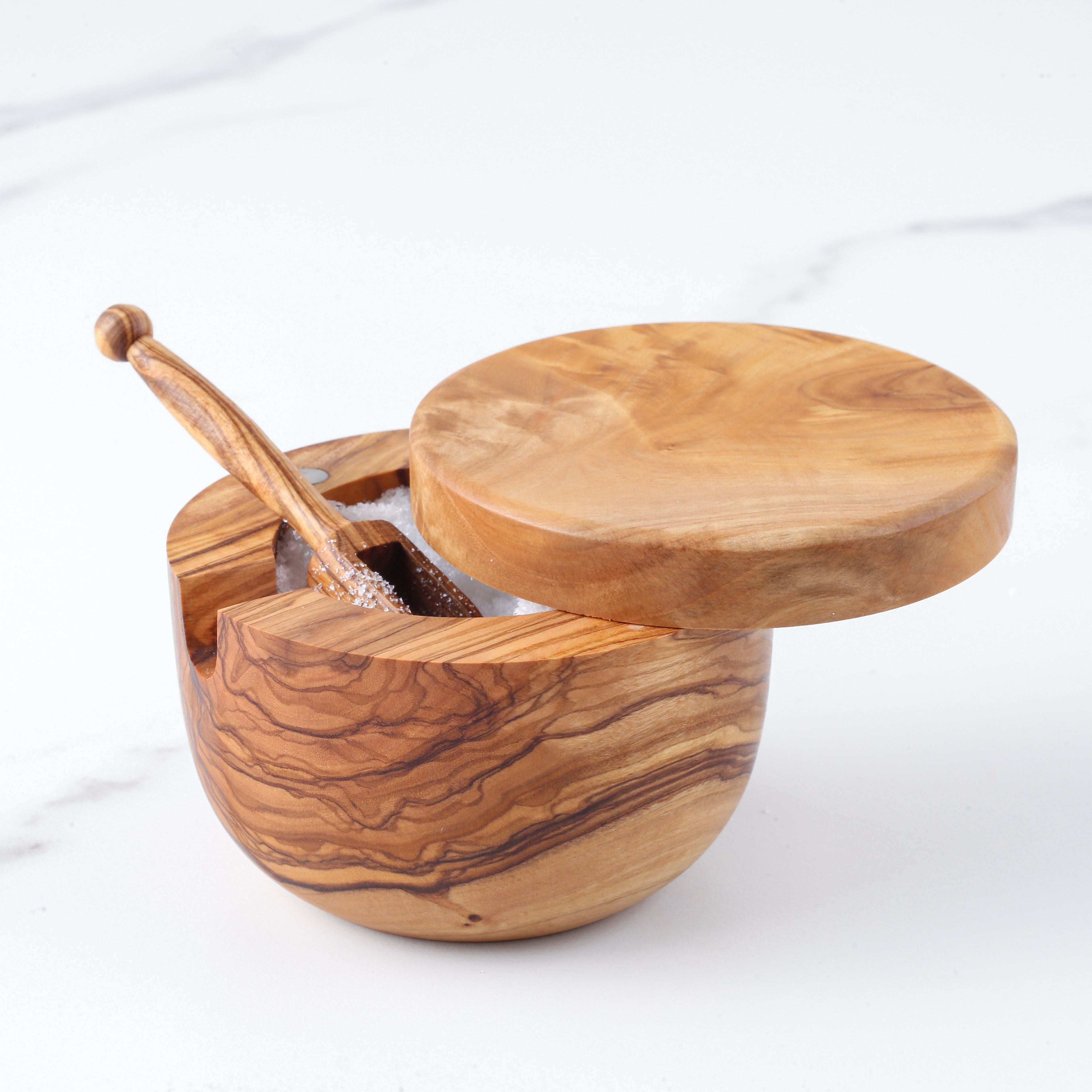 Olive Wood Salt Cellar – Spoon & Swivel Lid - ArtisRaw